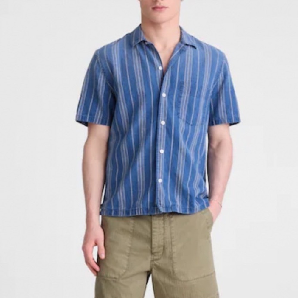 Madewell Mens Short Sleeve Camp Shirt Indigo Linen Cotton Striped Blue Small